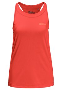 Červený sportovní tílko s síťovinovou texturou, úzkými ramínky a logem na hrudi. Přímý lem a kulatý výstřih.