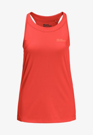 Top deportivo rojo sin mangas con textura de malla, tirantes delgados y un logo en el pecho. Bajo recto y escote redondeado.