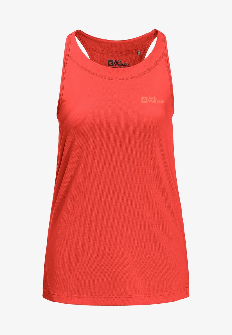 Červený sportovní tílko s síťovinovou texturou, úzkými ramínky a logem na hrudi. Přímý lem a kulatý výstřih.