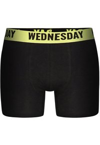 Černé bavlněné boxerky s jasně žlutým elastickým páskem, na kterém je černým písmem vytištěno "STŘEDA". Hladký povrch a přiléhavý střih.