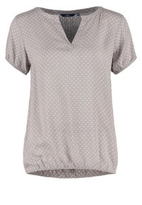 Kortærmet bluse med V-udskæring i lysegråt stof med hvidt blomsterprint, rynket kant og blød tekstur. Størrelsesmærke vist: 36.