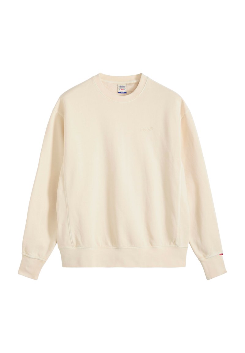 Felpa beige a maniche lunghe con collo a giro, polsini e orlo a coste, piccolo ricamo con logo sul petto e etichetta rossa sul polsino della manica sinistra.