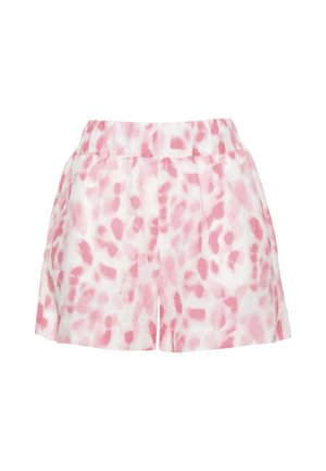 Pantaloncini bianchi con macchie astratte rosa, vita elasticizzata e vestibilità ampia.