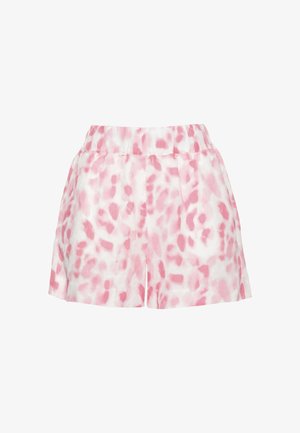 Pantaloncini bianchi con macchie astratte rosa, vita elasticizzata e vestibilità ampia.