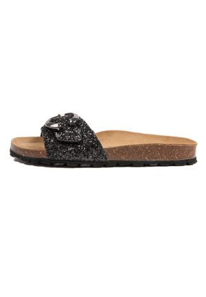 Sandale à glissière noire pailletée avec un semelle en liège, dotée d'une boucle brillante et d'une semelle extérieure en caoutchouc noir texturé. Design plat et ouvert.