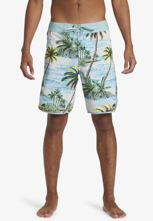 Men's swim trunks in light blue with a palm tree pattern; made of woven fabric with a textured finish; elastic waistband with drawstring.