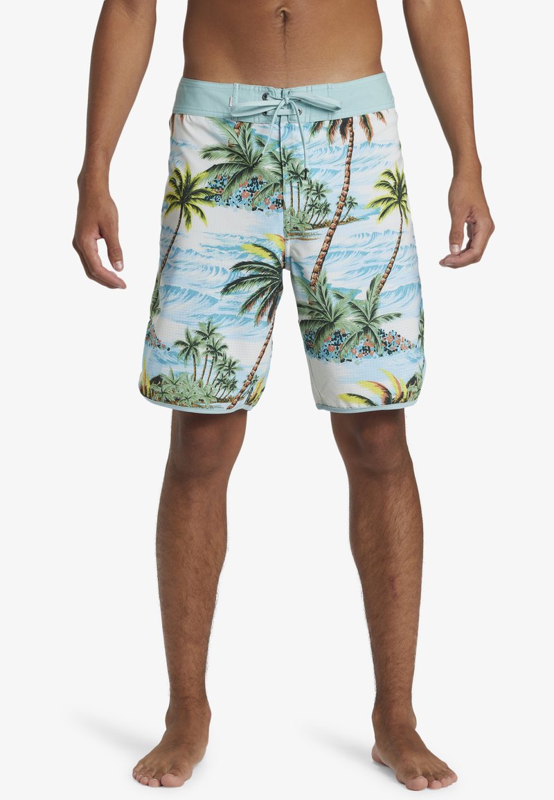 Men's swim trunks in light blue with a palm tree pattern; made of woven fabric with a textured finish; elastic waistband with drawstring.