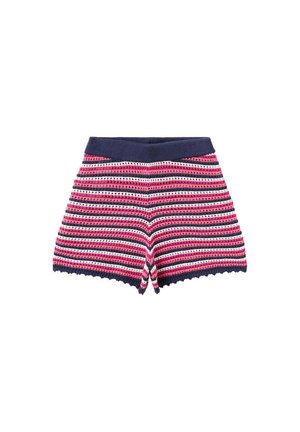 Shorts en tricot avec taille marine et ourlet festonné, présentant des rayures horizontales rose, blanc et bleu marine.