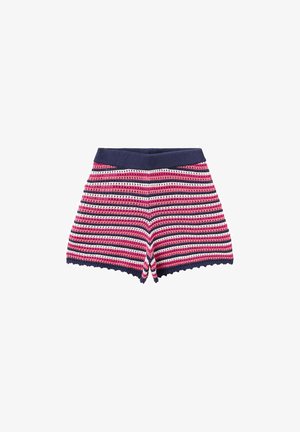 Pantaloncini in maglia con fascia in vita navy e orlo smerlato, caratterizzati da righe orizzontali rosa, bianche e blu navy.