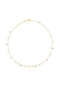 Collana in oro con piccole gemme colorate di forme diverse, tra cui stelle e gocce, distribuite uniformemente lungo la lunghezza.