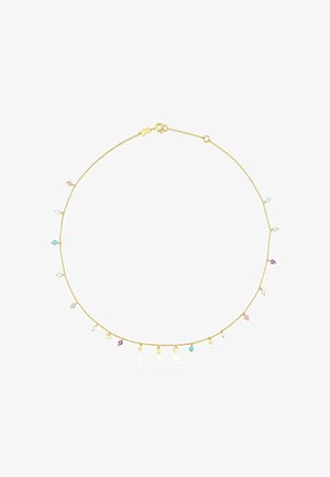 Złoty naszyjnik z łańcuszka, ozdobiony małymi kolorowymi kamieniami szlachetnymi w różnych kształtach, w tym gwiazdek i kropli, równomiernie rozmieszczonymi na całej długości.
