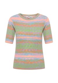 Top de manga corta multicolor hecho de tela de canalé. Presenta rayas horizontales en tonos verdes, rosas, naranjas y azules. Cuello redondo.