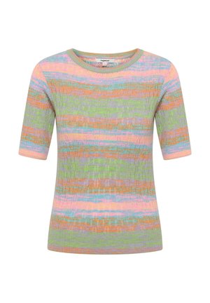 Top de manga corta multicolor hecho de tela de canalé. Presenta rayas horizontales en tonos verdes, rosas, naranjas y azules. Cuello redondo.