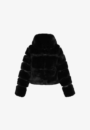 Sort faux fur cropped jakke med bred krave, puffy ærmer og lodret sømdetaljer for en luksuriøs tekstur.