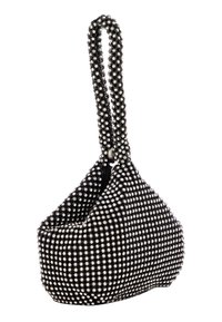 Borsa nera a forma di hobo, decorata con borchie argentate; presenta una tracolla regolabile e una chiusura con zip. Texture liscia con dettagli lucidi.