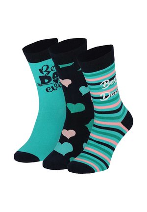 Drei Paar Sneakersocken in Türkis, Schwarz und gestreiften Mustern; zwei Paare zeigen den Schriftzug „Bester Papa“, ein Paar hat Herzen.