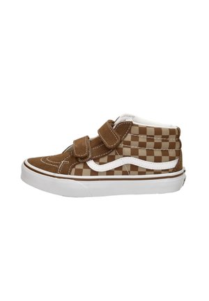 Bruin en beige geruit hoge sneaker met klittenband, witte accenten en een rubberen zool. Gelaagd suede en duurzame stoffen materialen.