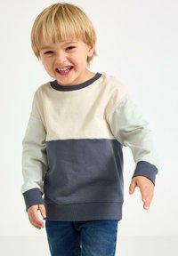 Felpa a maniche lunghe con design a blocchi di colore in crema, verde chiaro e blu navy. Tessuto morbido con polsini e orlo a coste.