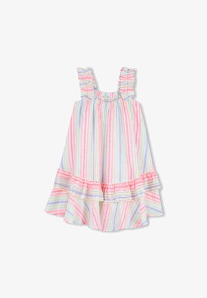 Φόρεμα με πολύχρωμες ρίγες από βαμβάκι, με βολάν στους ιμάντες των ώμων και φαρδύ τελείωμα με πολυεπίπεδο βολάν και λεπτομέρειες από παγιέτες.