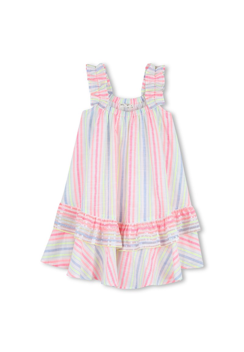 Φόρεμα με πολύχρωμες ρίγες από βαμβάκι, με βολάν στους ιμάντες των ώμων και φαρδύ τελείωμα με πολυεπίπεδο βολάν και λεπτομέρειες από παγιέτες.