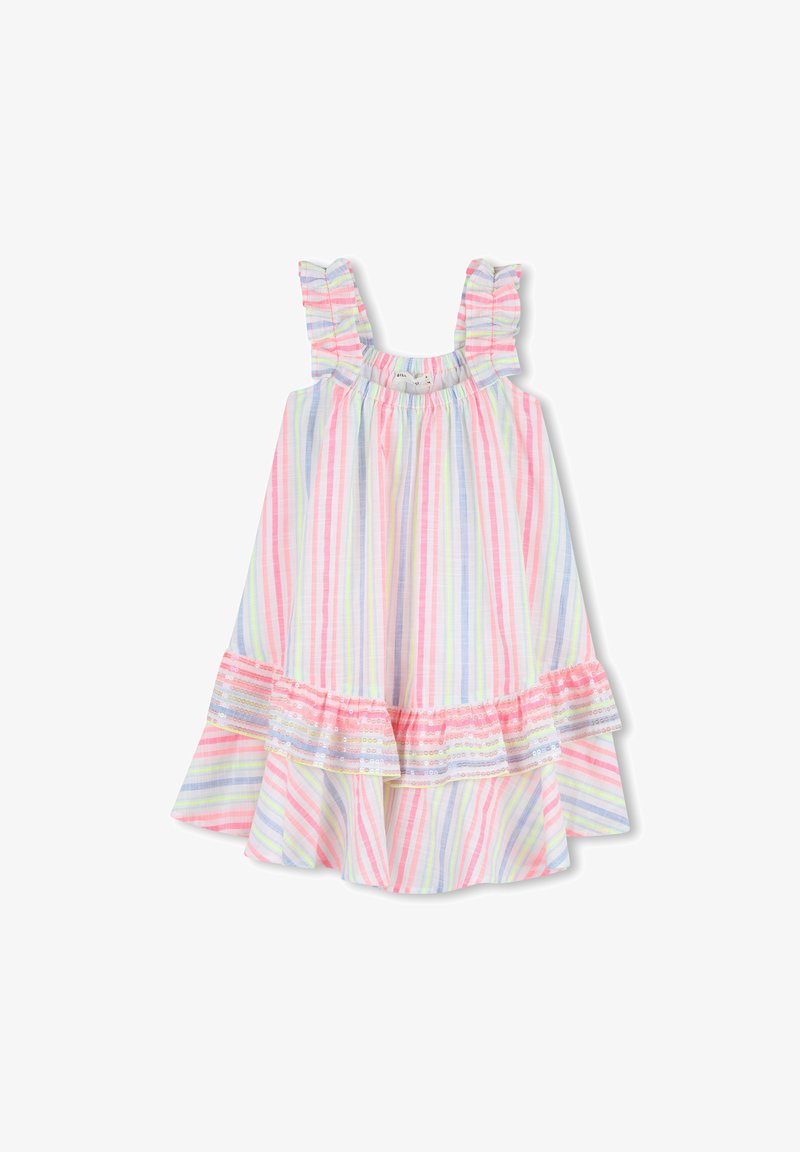 Robe rayée multicolore en coton, avec des bretelles volantées et un ourlet évasé orné de volants à étages et de détails à paillettes.