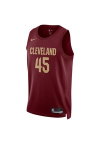 Cleveland Cavaliers rød basketballtrøje har en mesh-struktur med guld skrift for "CLEVELAND" og nummeret "45." Nike-logoen er placeret ovenfor.