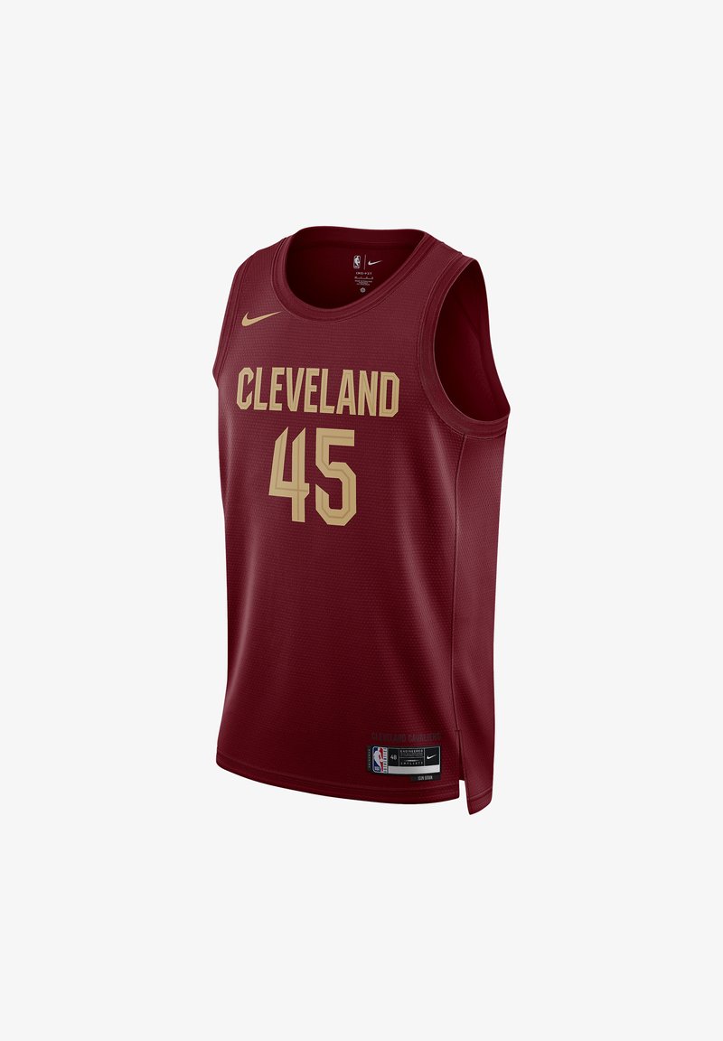 Cleveland Cavaliers red basketball jersey features a mesh texture with gold lettering for "CLEVELAND" and the number "45." Nike logo above.