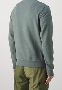 Persona vestida con un sudadera de manga larga en un verde tenue y pantalones cargo en verde oliva, vista desde atrás sobre un fondo simple.