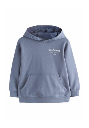 Blauer Hoodie mit langen Ärmeln, Fronttasche, verstellbarer Kapuze und „ALLSAINTS“-Logo mit japanischem Text und „LONDON“ auf der Brust.