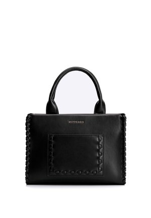 Schwarze Lederhandtasche mit geflochtenen Kanten, oberen Griffen, einer Fronttasche und goldenem "WITTCHEN"-Logo vor einem schlichten weißen Hintergrund.