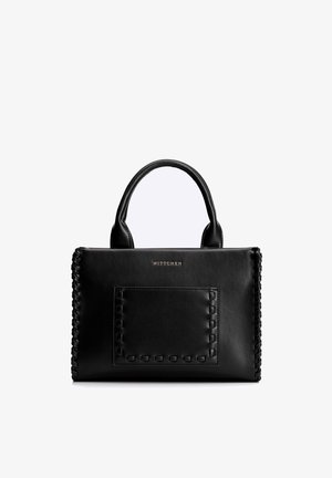 Sac à main en cuir noir avec bords tissés, poignées supérieures, poche avant et logo doré "WITTCHEN" sur un fond blanc uni.