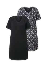 To t-shirts: en ensfarvet sort med V-hals og korte ærmer, og en mønstret i blå med blomsterdesigns. Blødt stof, let løs pasform.