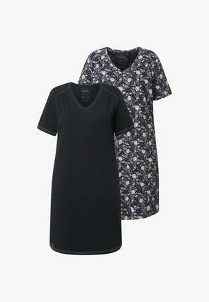 Dos camisetas: una completamente negra con escote en V y mangas cortas, y una estampada en azul con diseños florales. Tejido suave, ajuste ligeramente holgado.
