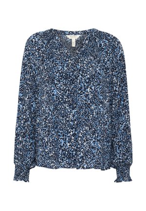 Långärmad blus i ett mönster av blå och marin djurtryck, med V-ringning, rynkade axlar och elastiska manschetter. Lättviktig tyg.
