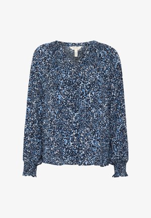 Blusa a maniche lunghe in un motivo animalier blu e blu navy, con scollatura a V, spalle arricciate e polsini elasticizzati. Tessuto leggero.