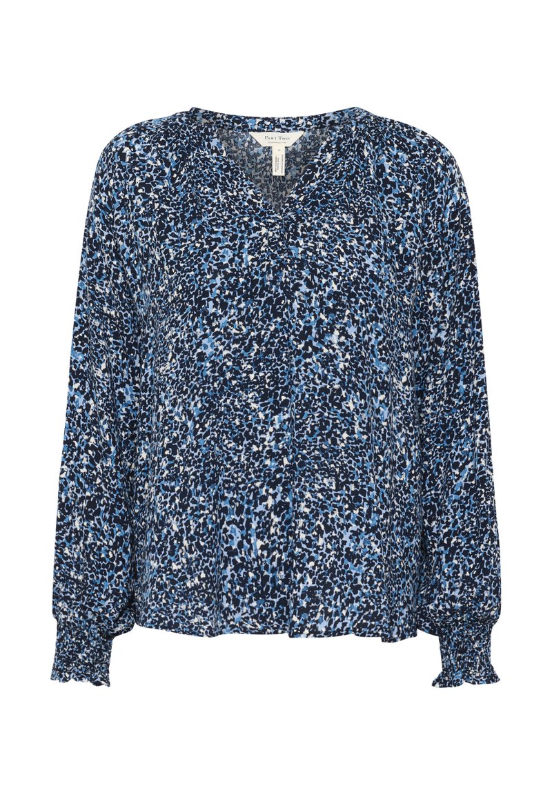 Langarmbluse in einem Tierdruckmuster in Blau und Marineblau, mit V-Ausschnitt, gerafften Schultern und elastischen Bündchen. Leichter Stoff.