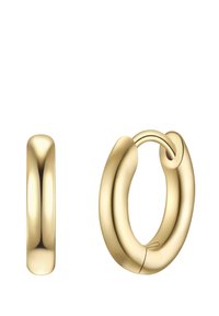 Zlatne naušnice u obliku kružnog obruča s glatkim, zaobljenim rubovima. Jedna naušnica je uski cilindar, dok druga ima otvoreni kružni dizajn.