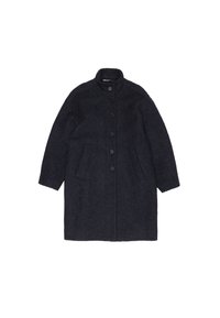 Tumša vilnas mēteli ar apaļu apkakli, sešām pogām, divām sānu kabatām un taisnu piegriezumu. Iezīmēts ar teksturētu audumu un garām piedurknēm.