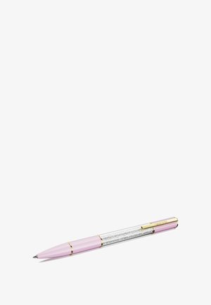 Stilvoller Stift mit einem pinkfarbenen Schaft, einem transparenten, glitzernden Abschnitt und goldenen Akzenten, mit einer spitzen Spitze für ein sanftes Schreibgefühl.