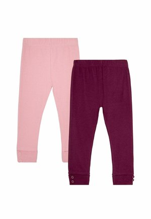 Two pairs of leggings: one light pink and one dark purple. Both feature a ribbed texture and buttoned cuffs at the ankles.