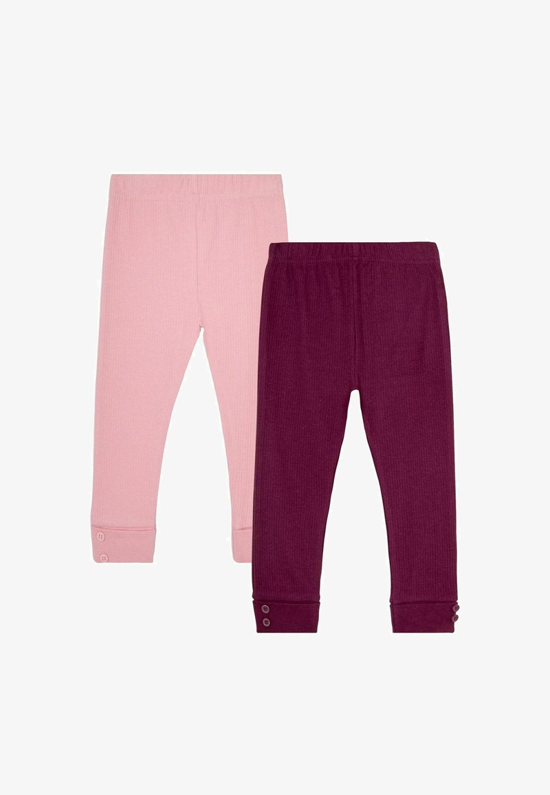 Dvi kelnės: vienos šviesiai rožinės, o kitos tamsiai purpurinės. Abi turi raukšlėtą tekstūrą ir mygtukus ant kulkšnių.