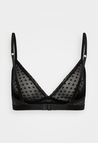 Svart gjennomsiktig bralette med justerbare tynne stroppene, prikkete mesh-kopper, blondekant og kroklås bak.