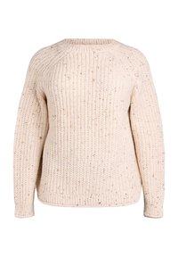 Krémový pletený sveter s textúrovaným, hrubým vzorom, rebrovaným výstrihom a manžetami; obsahuje jemné škvrnky po celom povrchu.