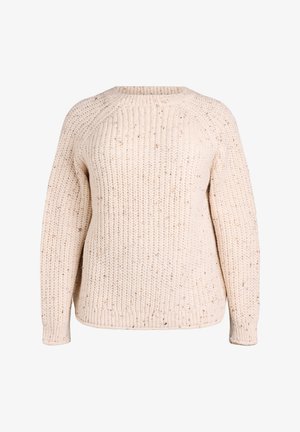 Krēmkrāsas adīta džemperis ar teksturētu, masīvu rakstu, ribinātu apkakli un piedurknēm; tam ir viegli pamanāmi punktiņi visā virsmā.