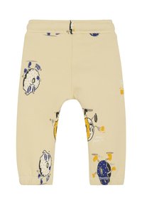 Gelbe Baumwollleggings mit verspielten Comic-Mustern in Blau, Orange und Schwarz. Weicher, dehnbarer Stoff mit elastischem Bund.