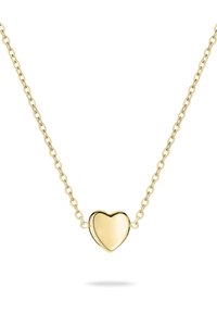 Gouden hartvormige hanger ketting met een gepolijste afwerking, bevestigd aan een fijne ketting met afwisselend schakels. Hartvorm is glad en symmetrisch.