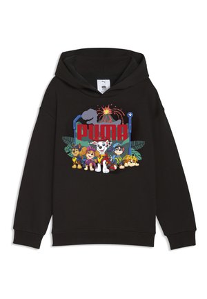 Schwarzer Hoodie mit Paw Patrol Figuren vor einem Vulkan und rotem Puma-Logo.