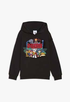 Felpa nera con cappuccio con i personaggi di Paw Patrol davanti a un vulcano e logo Puma rosso.