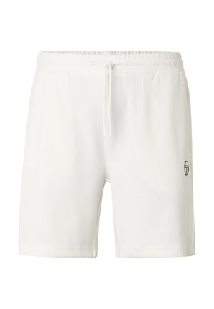 Witte sportkorte broek met elastische tailleband, voorste trekkoord, zijzakken en klein zwart logo op het rechterbeen.