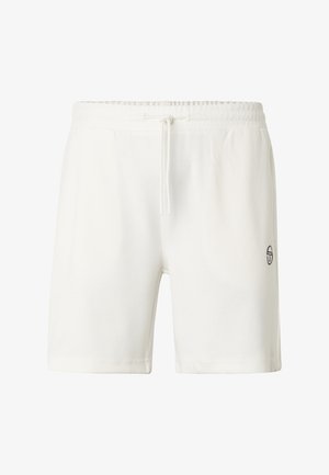 Witte sportkorte broek met elastische tailleband, voorste trekkoord, zijzakken en klein zwart logo op het rechterbeen.